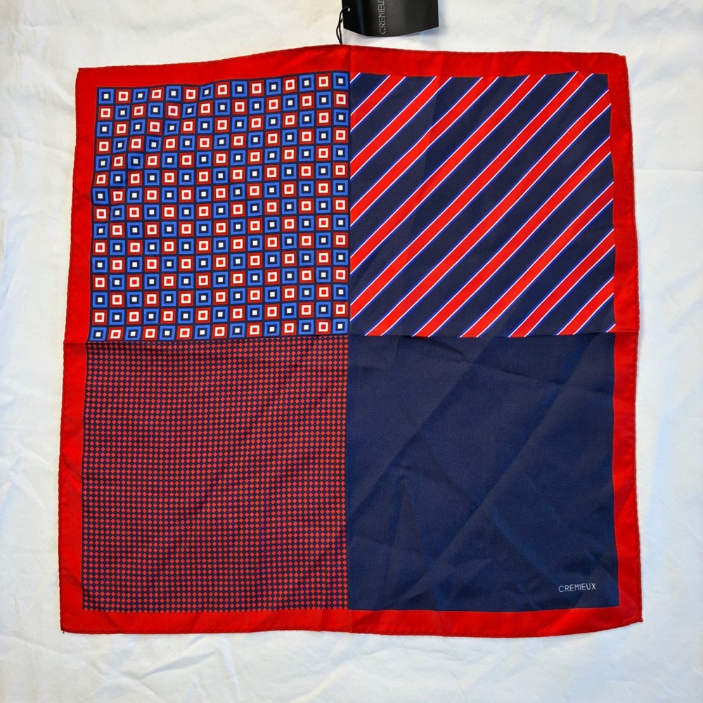 Cremieux Mens Silk Pocket Square Red Navy Blue Striped Geometric Pattern NWT